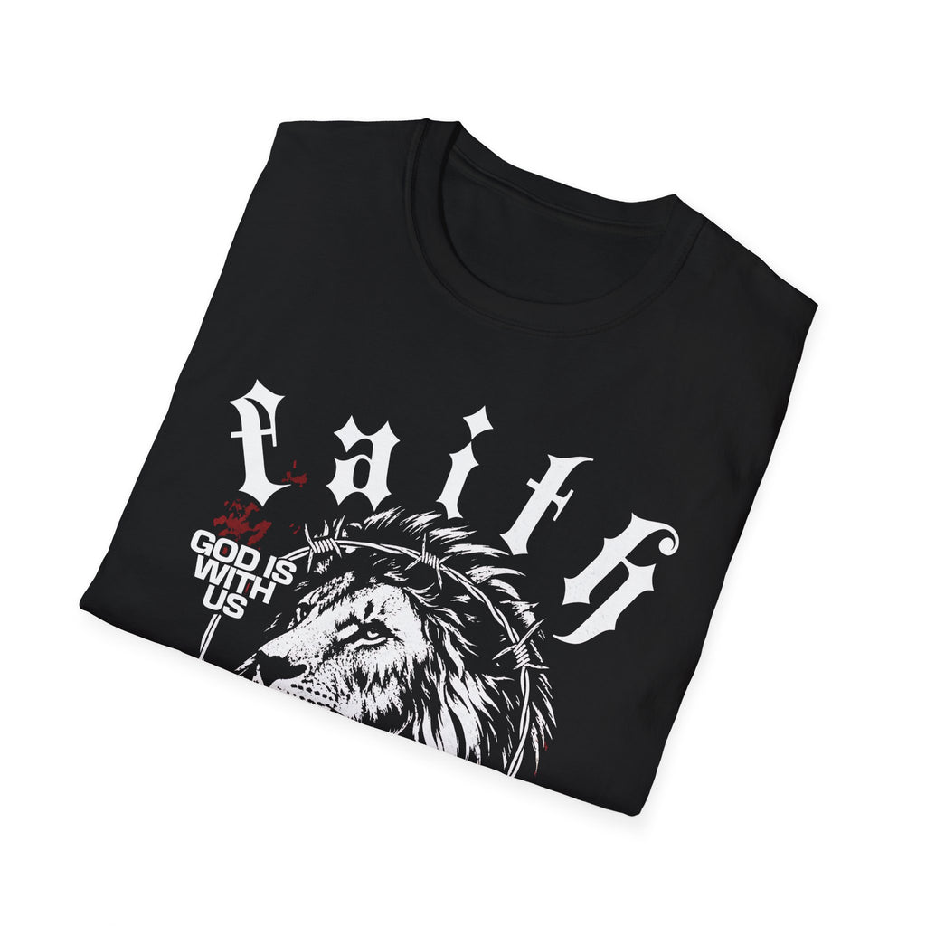 Faith Lion T-Shirt – 'God Is With Us' Christian Tee, Crown of Thorns Cross Design