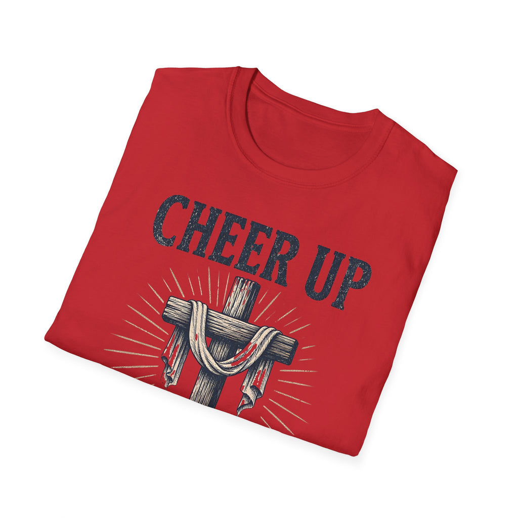 Cheer Up Christian T‑Shirt — John 16:33 Cross Design