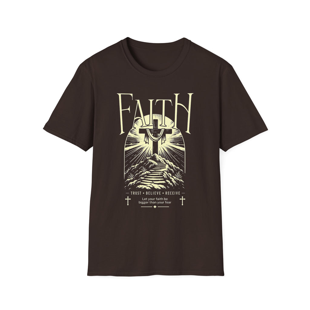 Faith Graphic T-Shirt — Cross & Mountains Christian Tee (Trust • Believe • Receive)