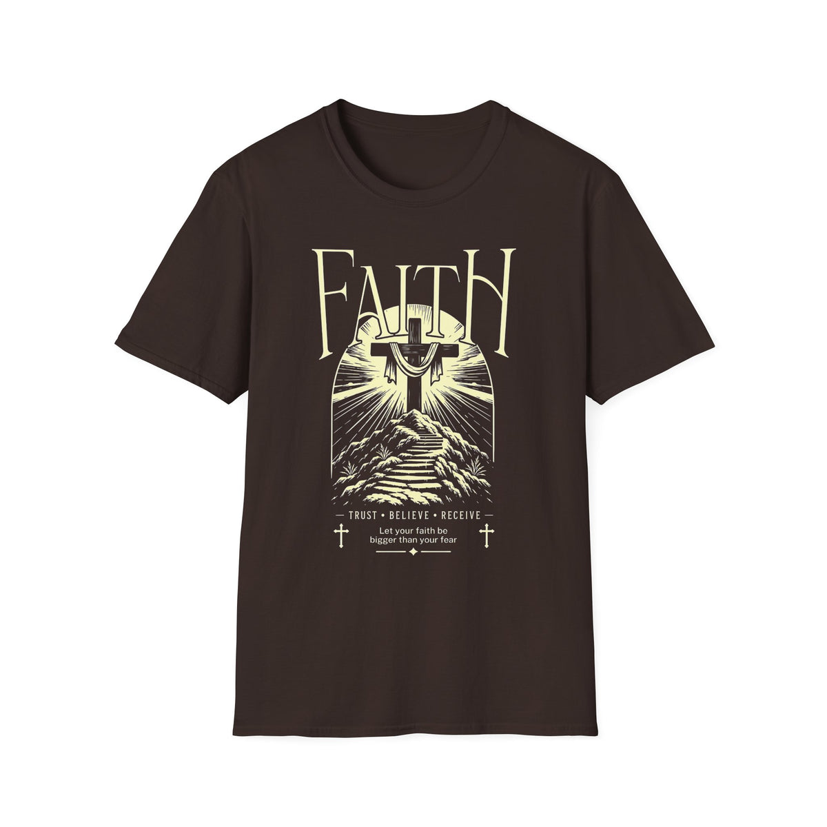 Faith Graphic T-Shirt — Cross & Mountains Christian Tee (Trust • Believe • Receive)
