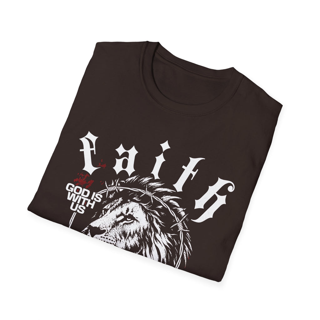 Faith Lion T-Shirt – 'God Is With Us' Christian Tee, Crown of Thorns Cross Design