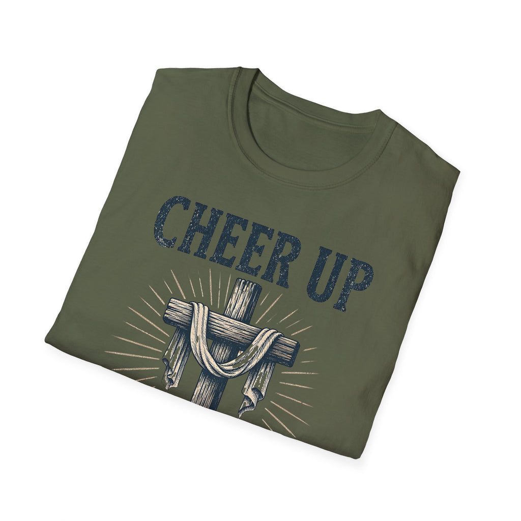 Cheer Up Christian T‑Shirt — John 16:33 Cross Design