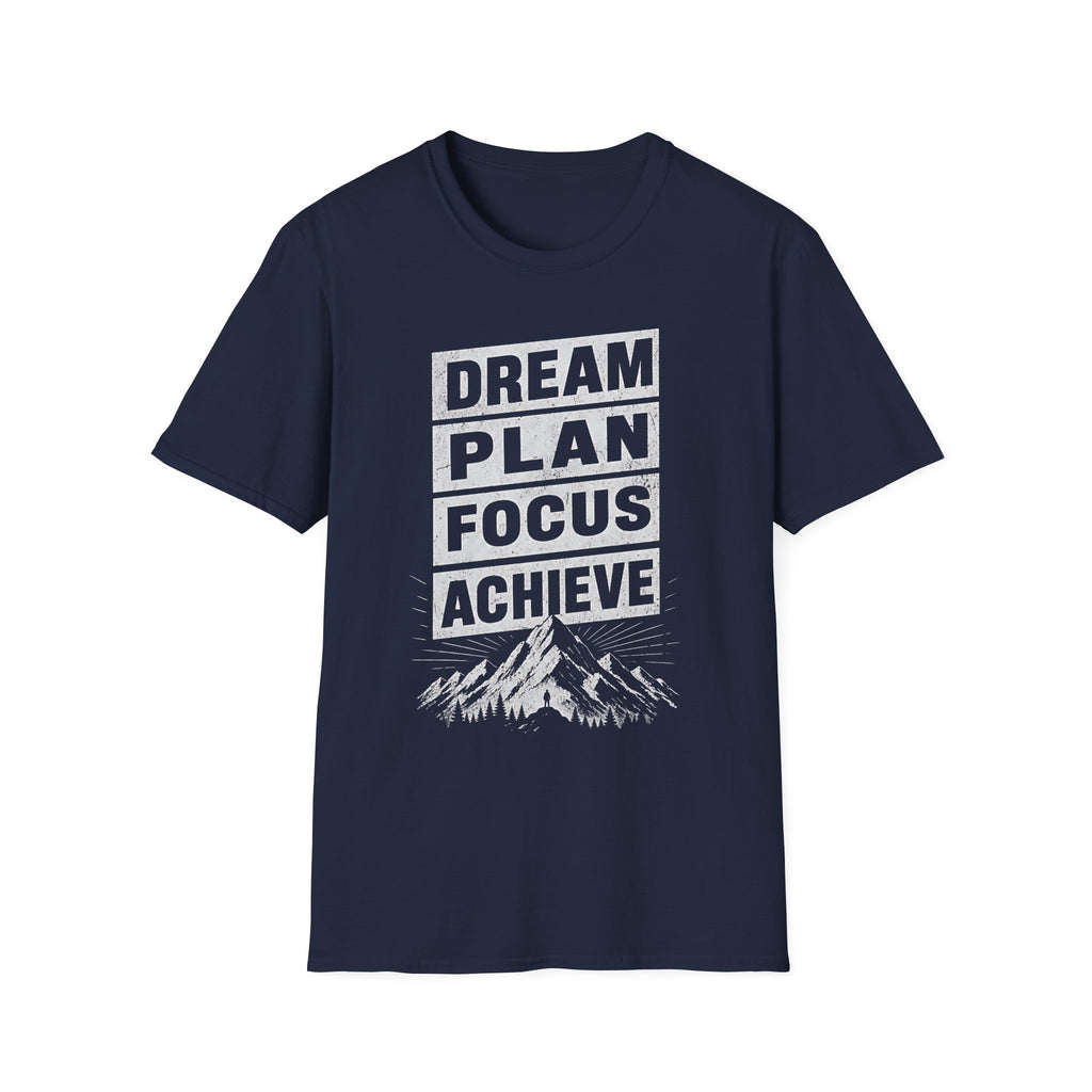Motivational Mountain T-Shirt — "Dream Plan Focus Achieve" Graphic Tee