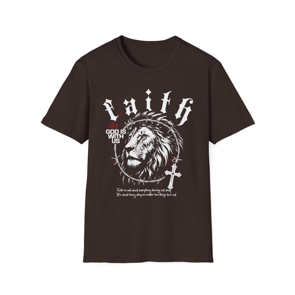 Faith Lion T-Shirt – 'God Is With Us' Christian Tee, Crown of Thorns Cross Design