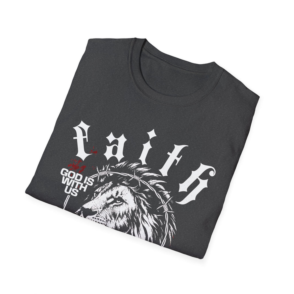 Faith Lion T-Shirt – 'God Is With Us' Christian Tee, Crown of Thorns Cross Design