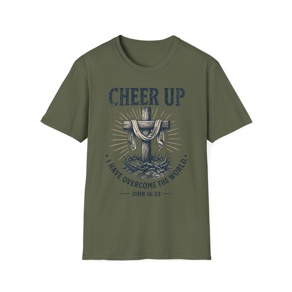 Cheer Up Christian T‑Shirt — John 16:33 Cross Design