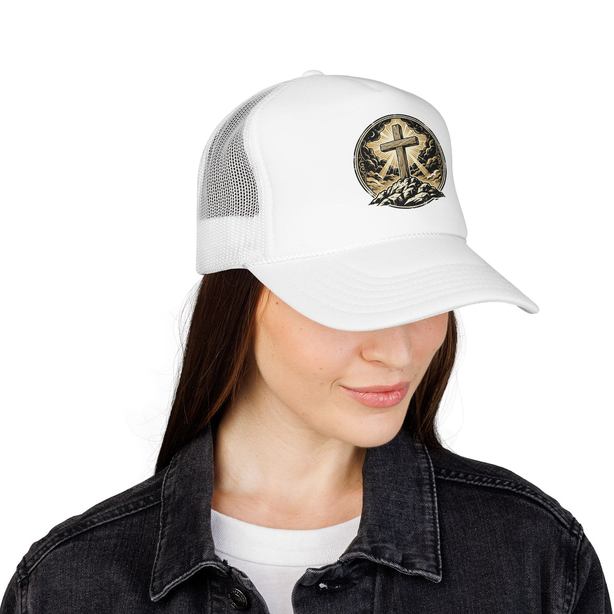 Gorra camionero cruz en la colina | Gorra de malla con fe cristiana