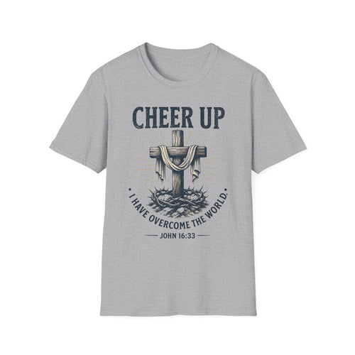 Cheer Up Christian T‑Shirt — John 16:33 Cross Design