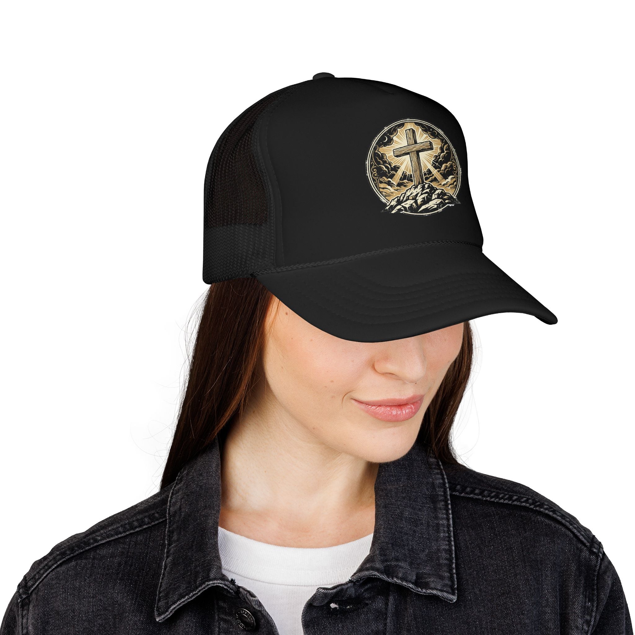 Cross on Hill Trucker Hat | Christian Faith Mesh Cap