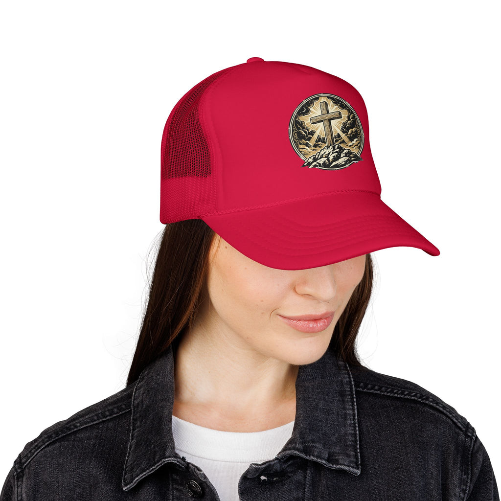 Gorra camionero cruz en la colina | Gorra de malla con fe cristiana