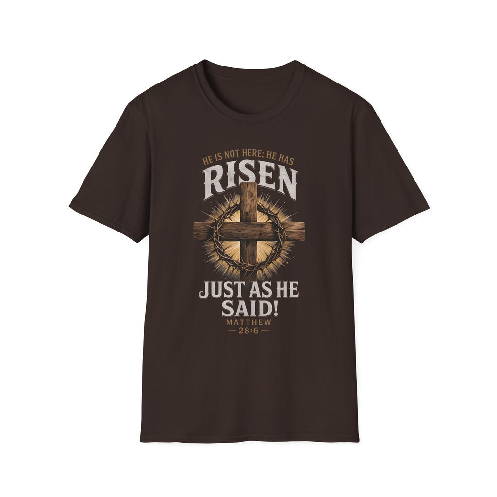 Risen Cross T-Shirt — "He Is Risen Just As He Said" Easter Christian Shirt