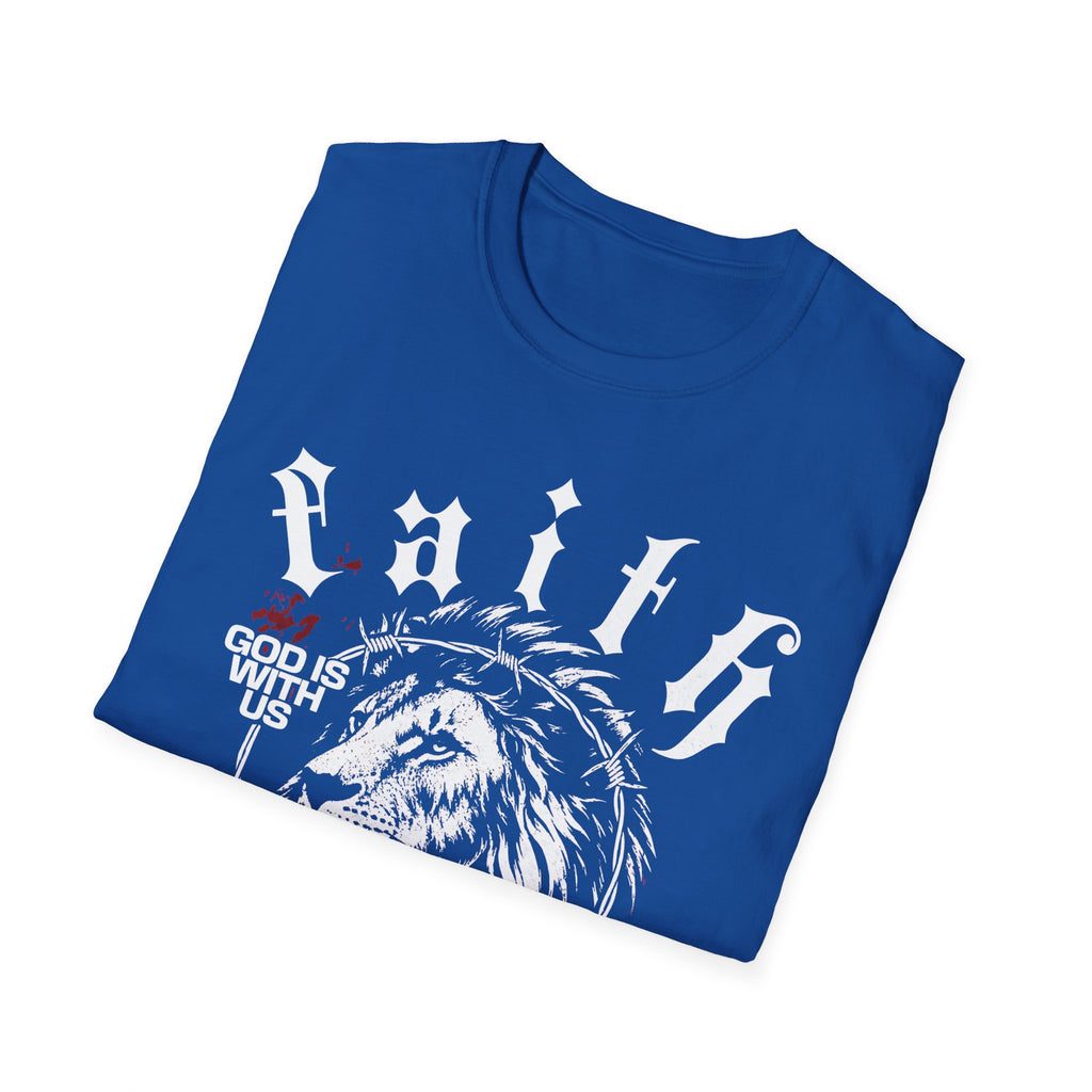 Faith Lion T-Shirt – 'God Is With Us' Christian Tee, Crown of Thorns Cross Design
