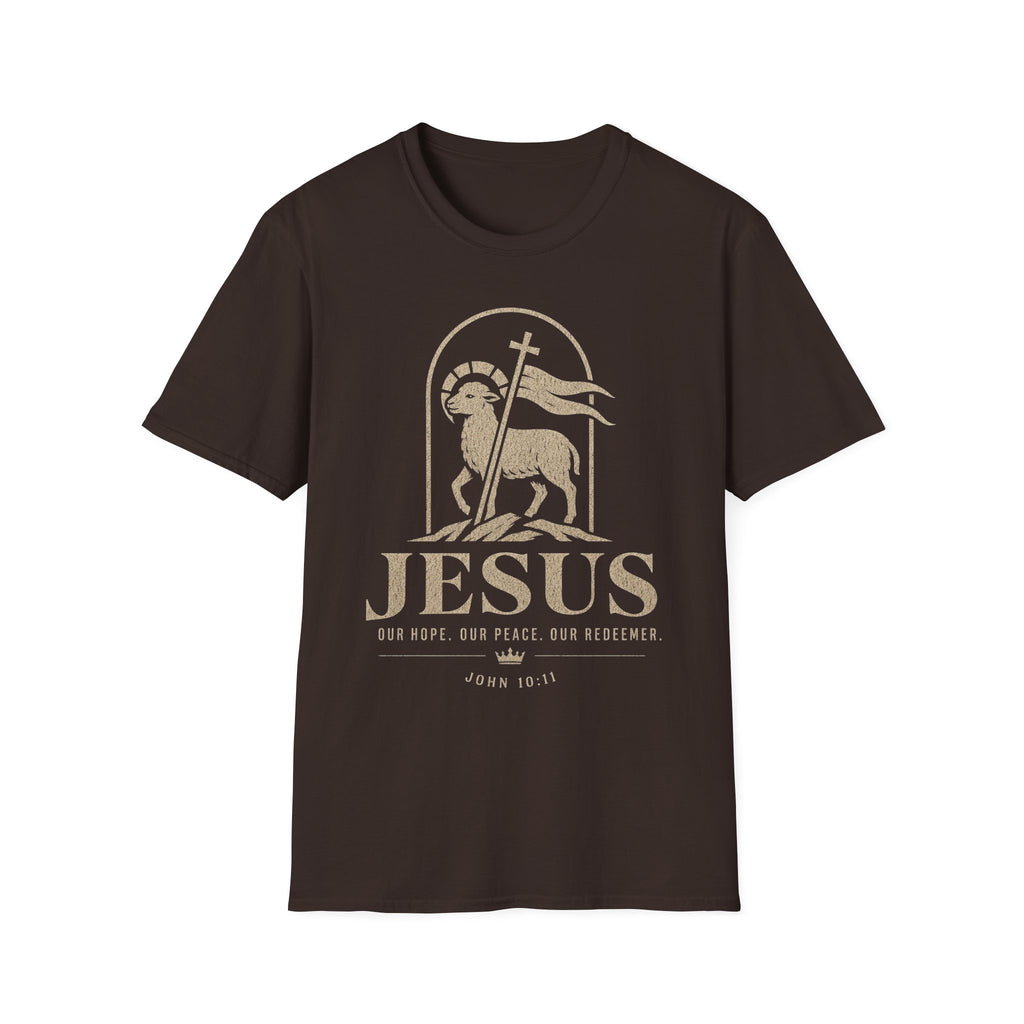 Jesus Lamb T-Shirt — 'Our Hope, Our Peace, Our Redeemer' Christian Tee (John 10:11)